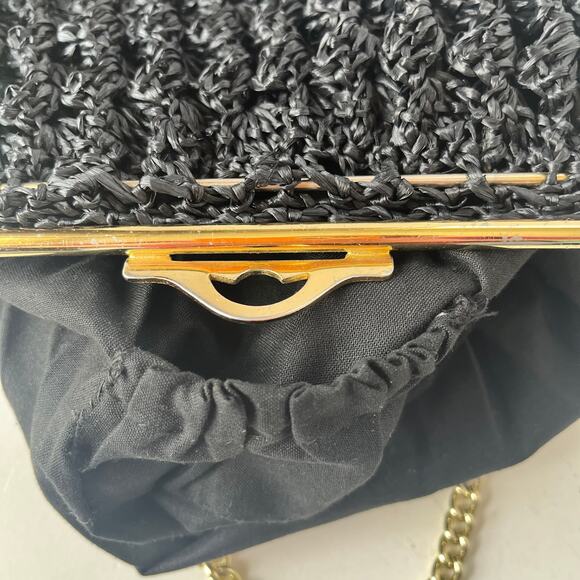 Macrame or Knit Strawy Weave Evening Bag Purse Black Gold Chain Retro Glam - Picture 8 of 12